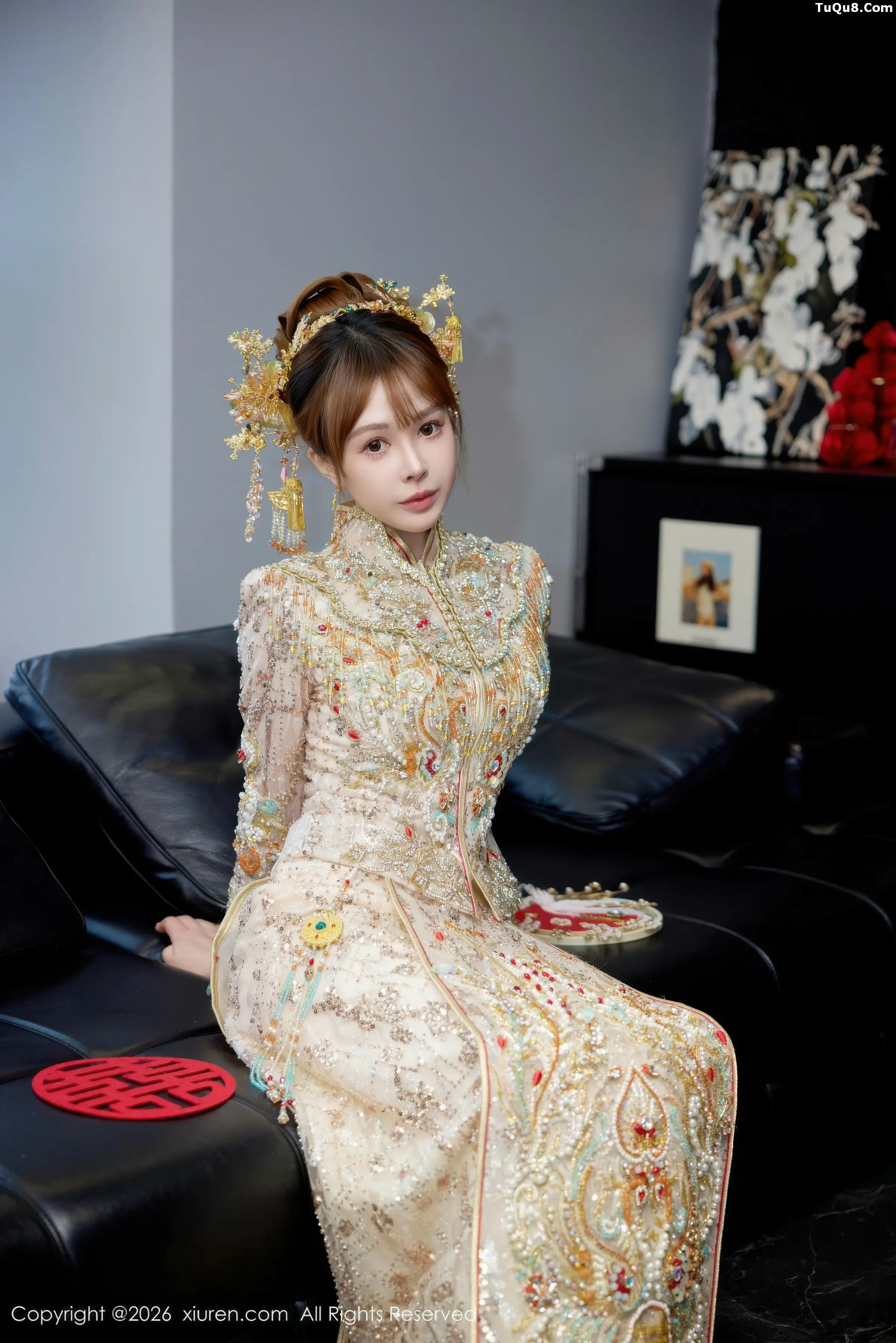 Evelyn sexy Xiuhe outfit revealing red lingerie with ultra-thin flesh silk, showcasing graceful figure, gorgeous photos 63P 6