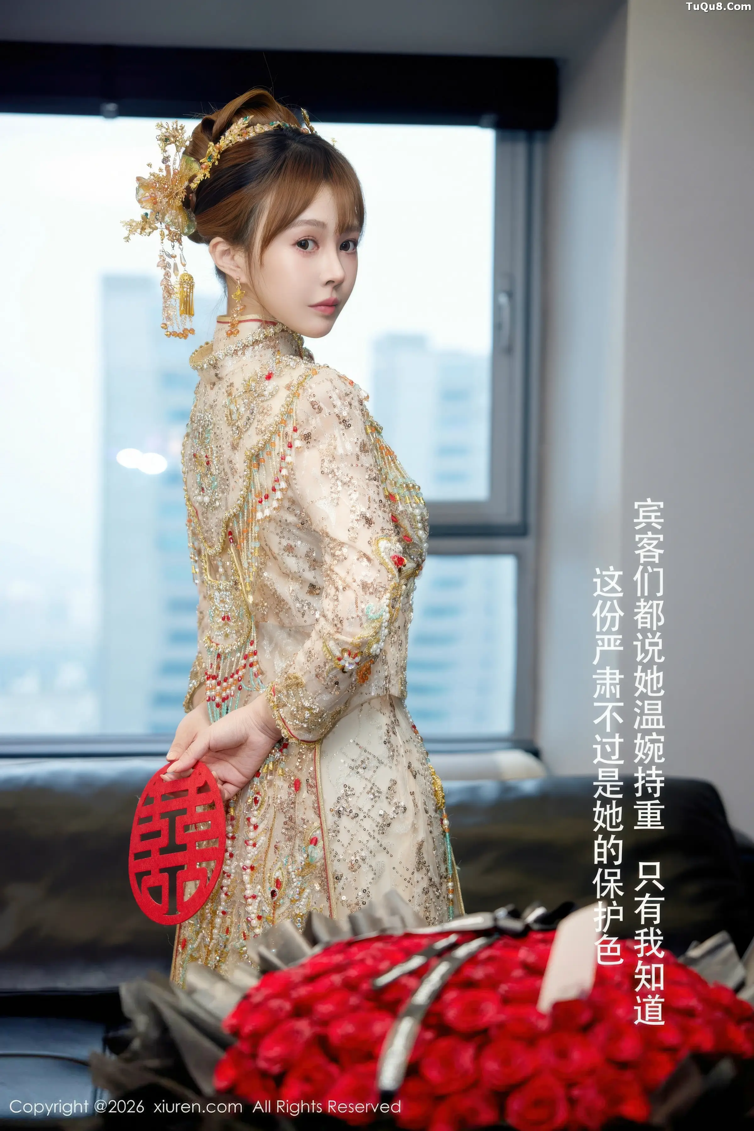 Evelyn sexy Xiuhe outfit revealing red lingerie with ultra-thin flesh silk, showcasing graceful figure, gorgeous photos 63P 7