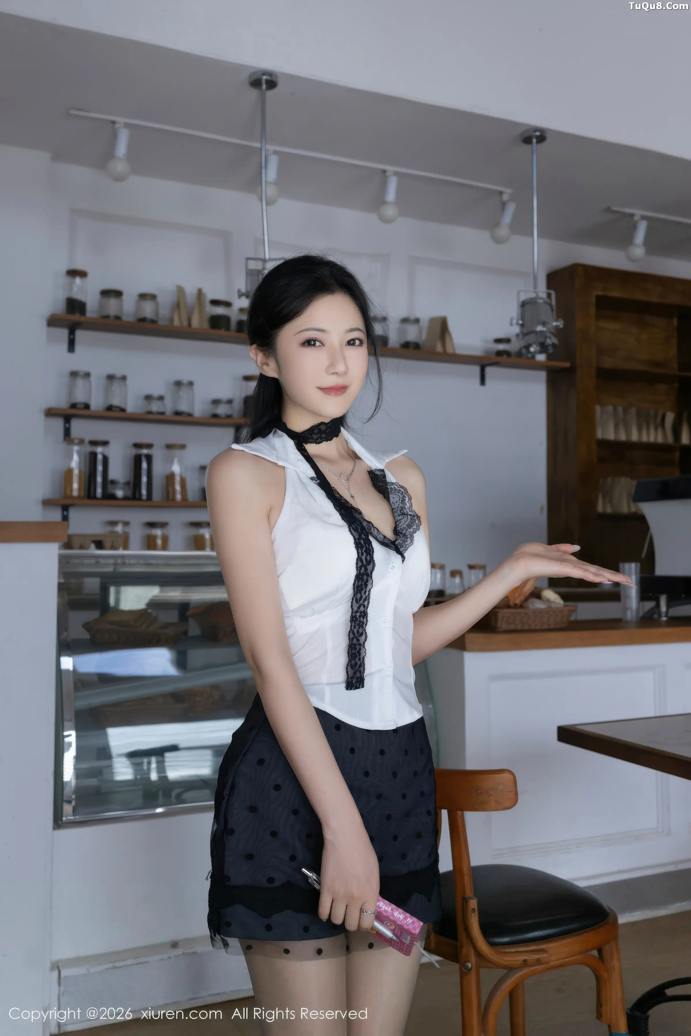 Caviar Fish sexy white top paired with black mini skirt and revealing gray stockings, showcasing a graceful figure, stunning photoset 76P