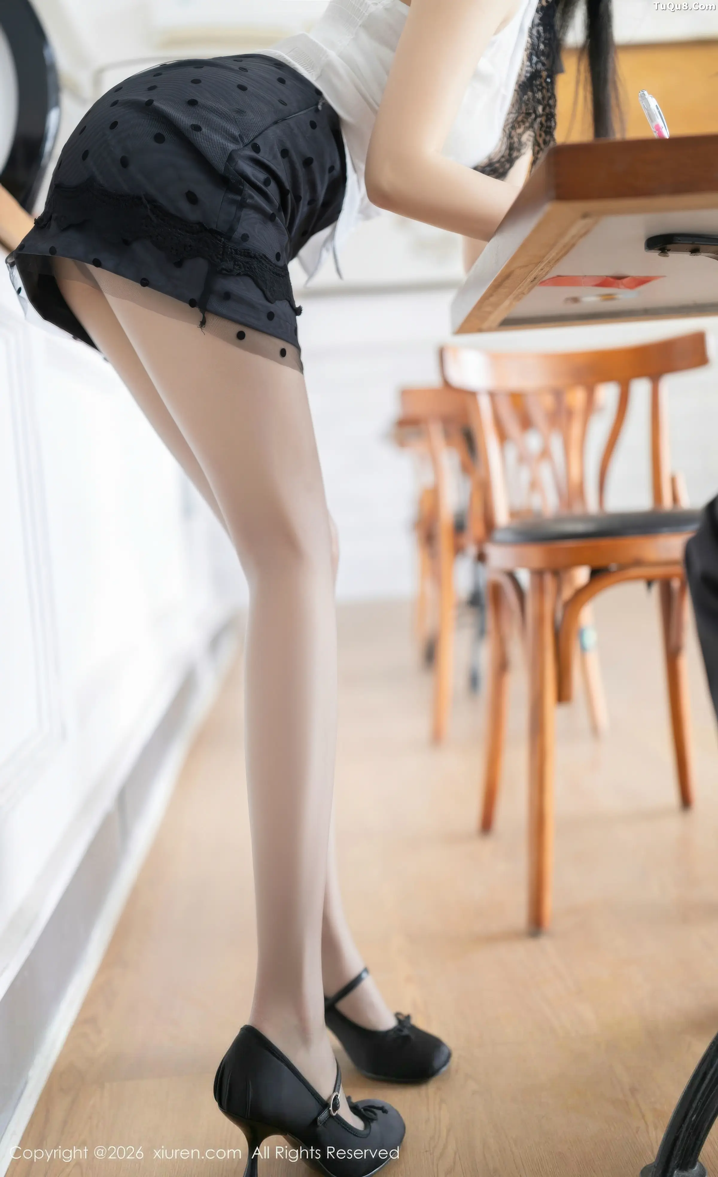 Caviar Fish sexy white top paired with black mini skirt and revealing gray stockings, showcasing a graceful figure, stunning photoset 76P