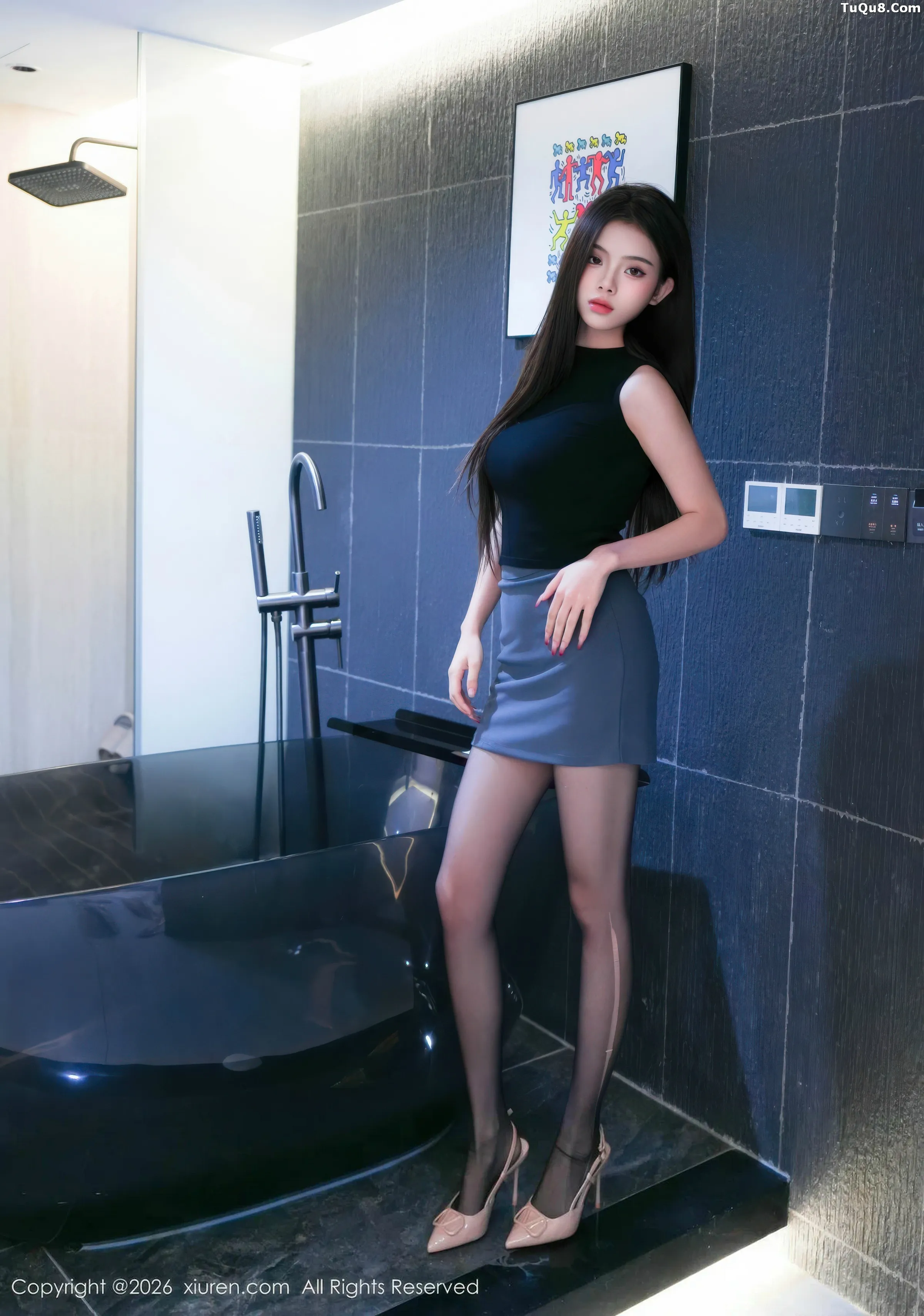 Stunning Photo Set: Petite Figure in Bathroom Scene with Sexy Black Top and Sheer Black Stockings 70P