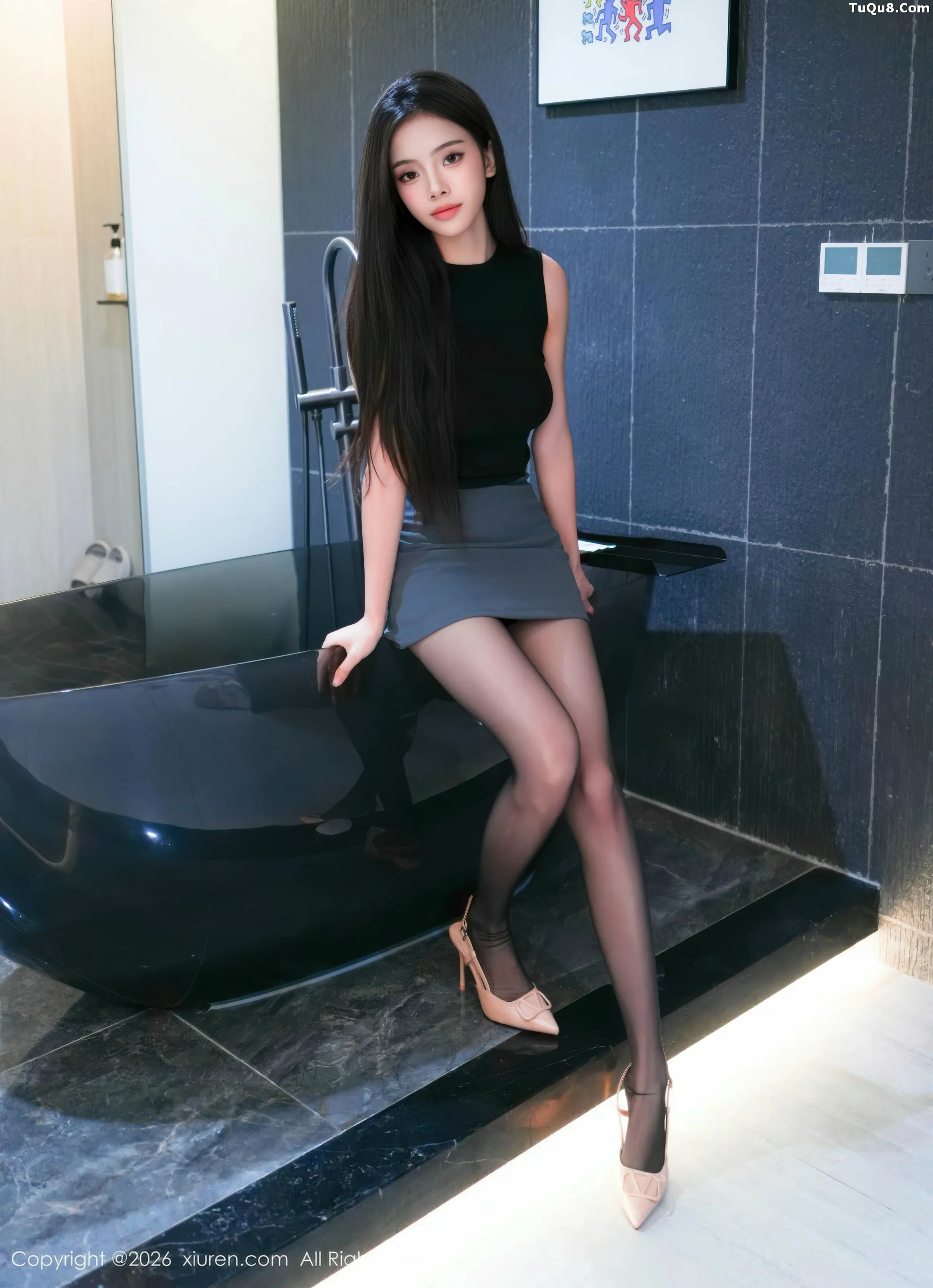 Petite bathroom scene sexy black top with ultra-thin black stockings showcasing graceful figure stunning photo set 70P | 8 photos visible