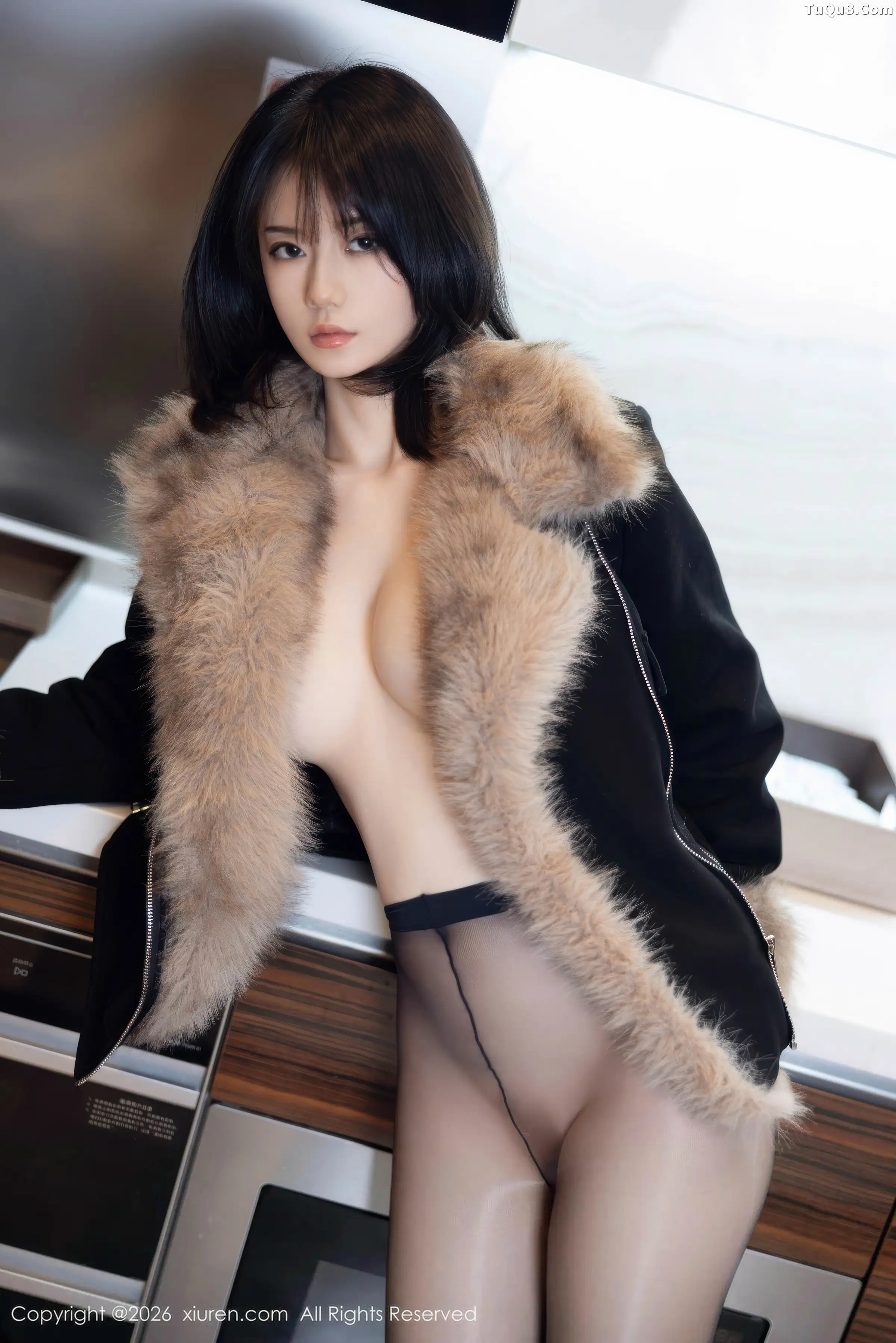 Ling Qiqi in a Sexy Dark Fur Coat with Sheer Black Stockings: Stunning Photoshoot of a Beautiful Figure 62P