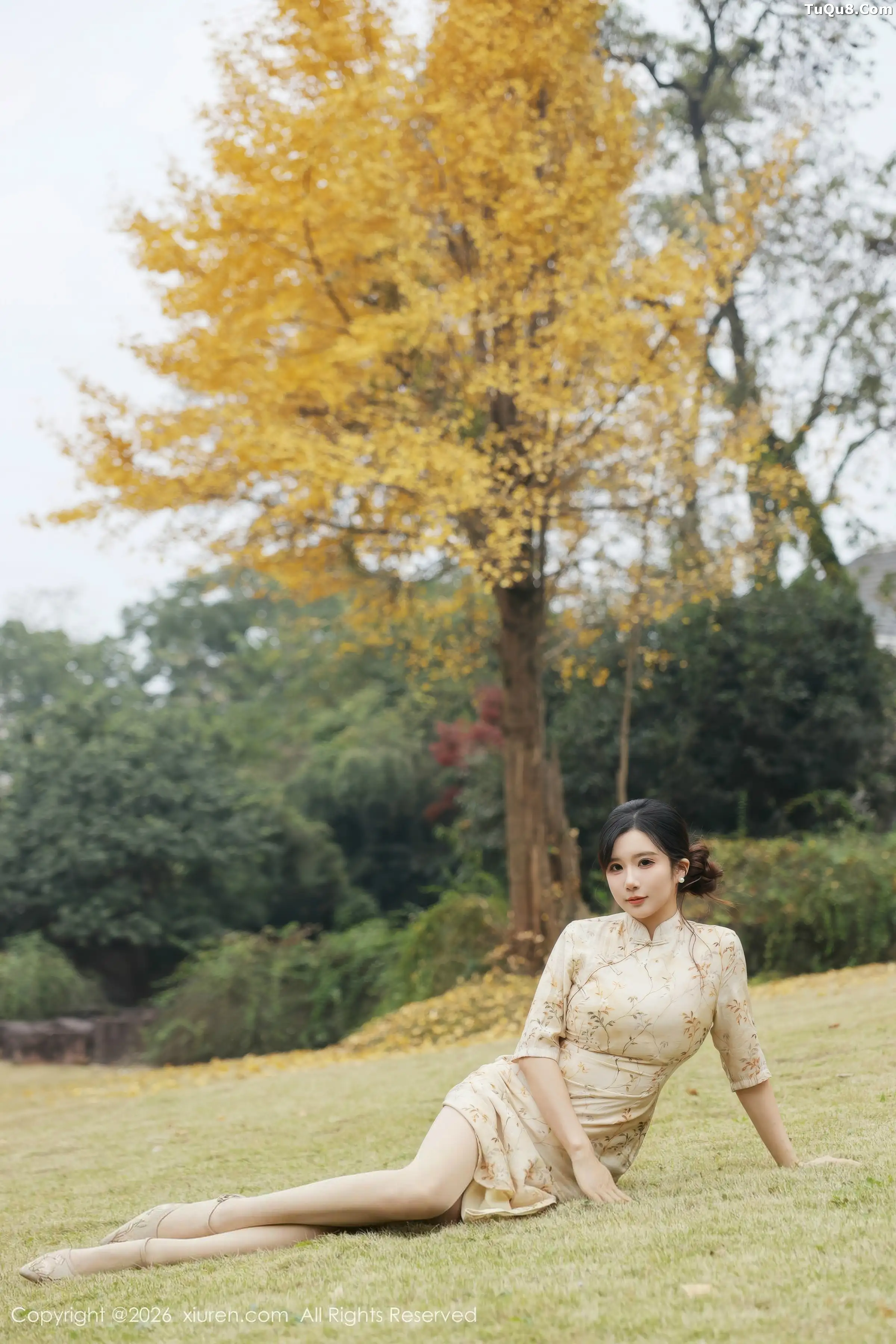 Little chubby cat sexy light-colored qipao revealing yellow lingerie paired with open gusset sheer silk showcasing curvy body photo 75P 6