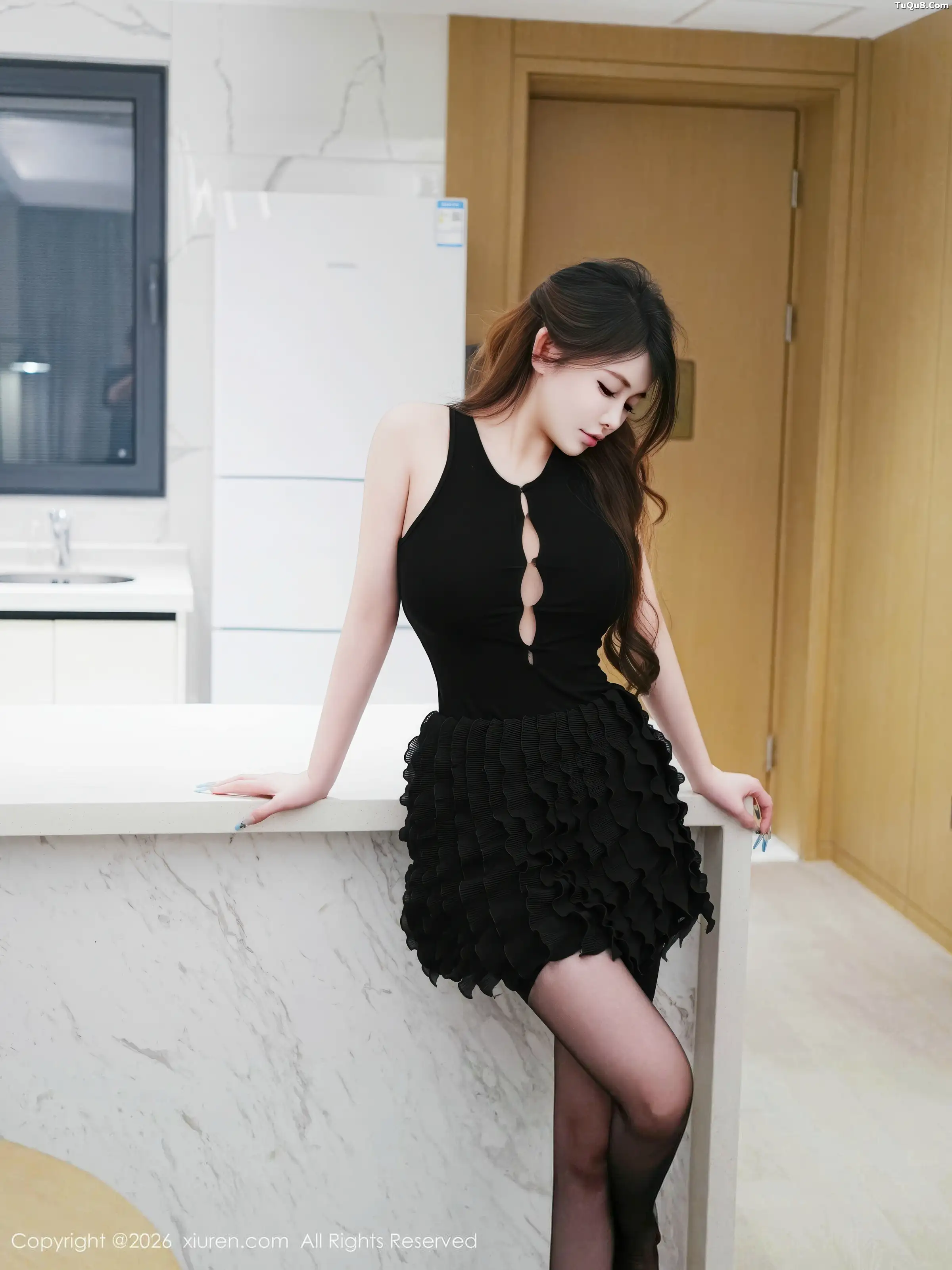 Tian Ni's Private Sexy Black Mini Skirt with Black Stockings Garter Belt Show Voluptuous Figure Alluring Gorgeous Photoshoot 74P 4