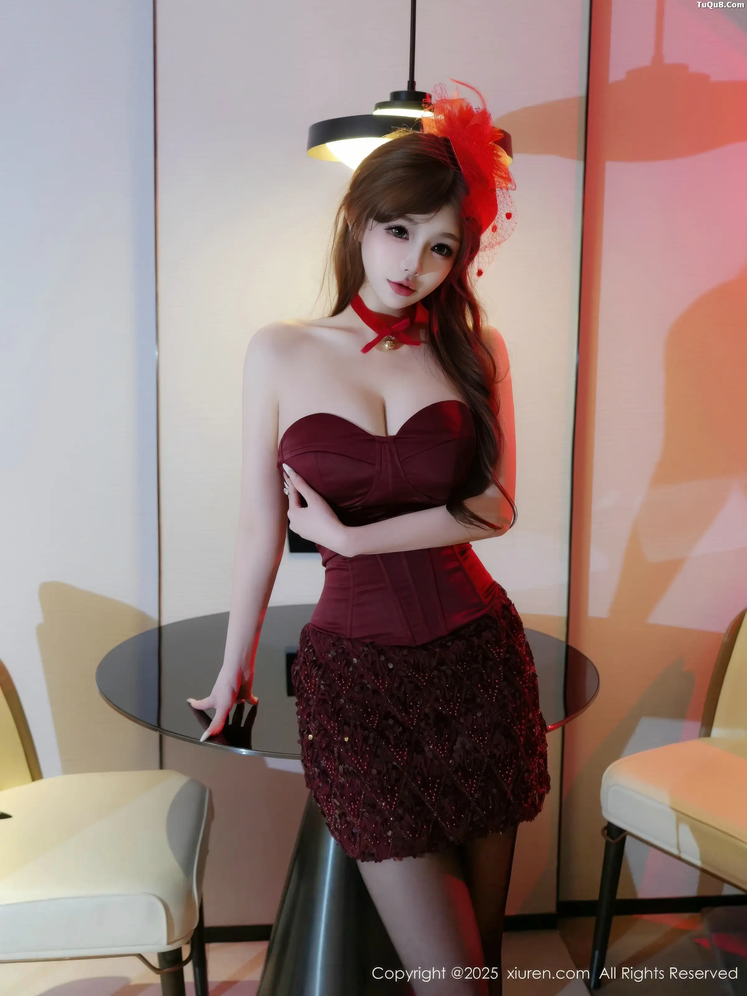 Tiani's sexy dark low-cut mini dress with ultra-thin black stockings showing off a voluptuous figure, exquisite photoshoot 80P