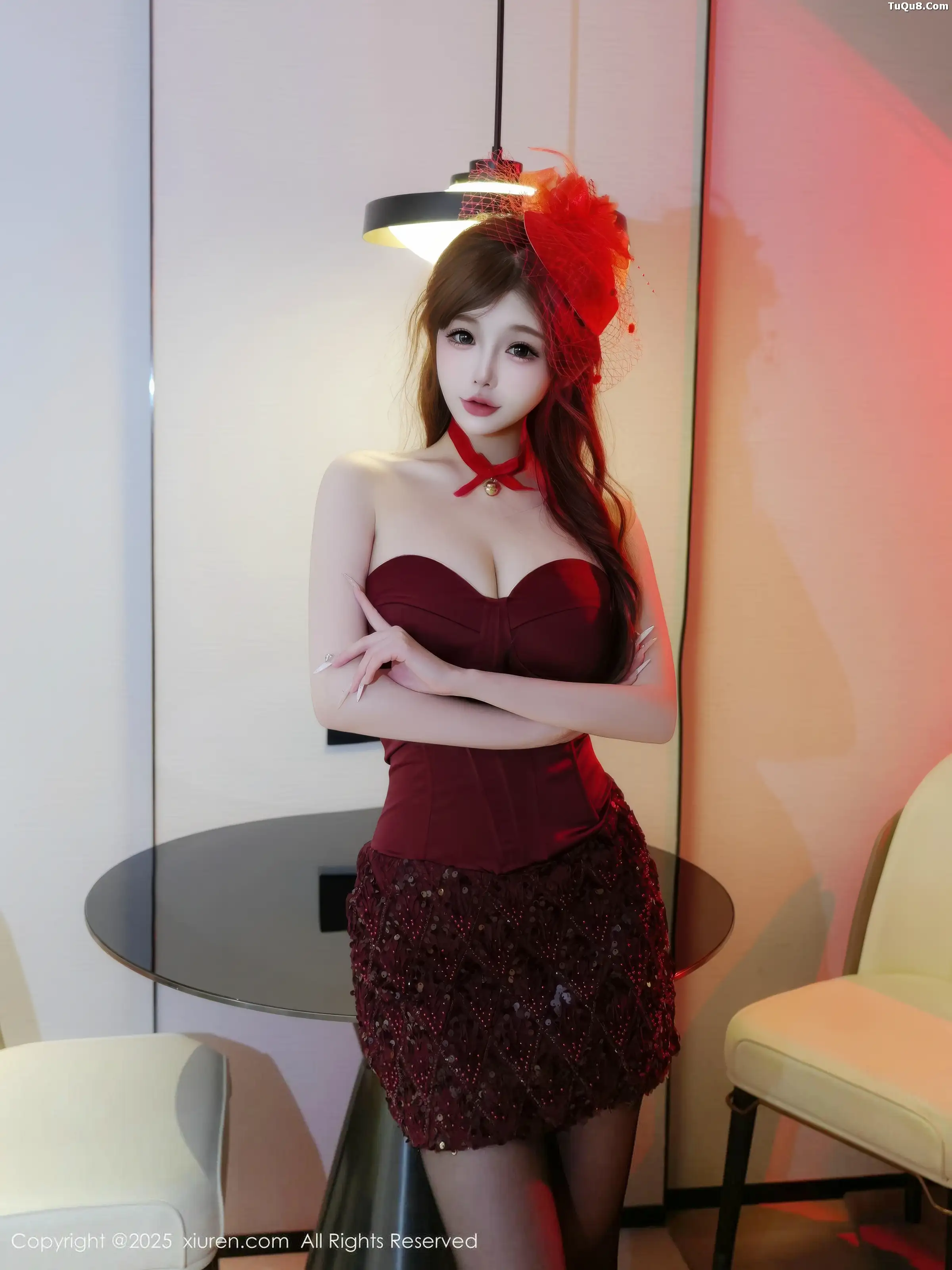 Tiani's sexy dark low-cut mini dress with ultra-thin black stockings showing off a voluptuous figure, exquisite photoshoot 80P