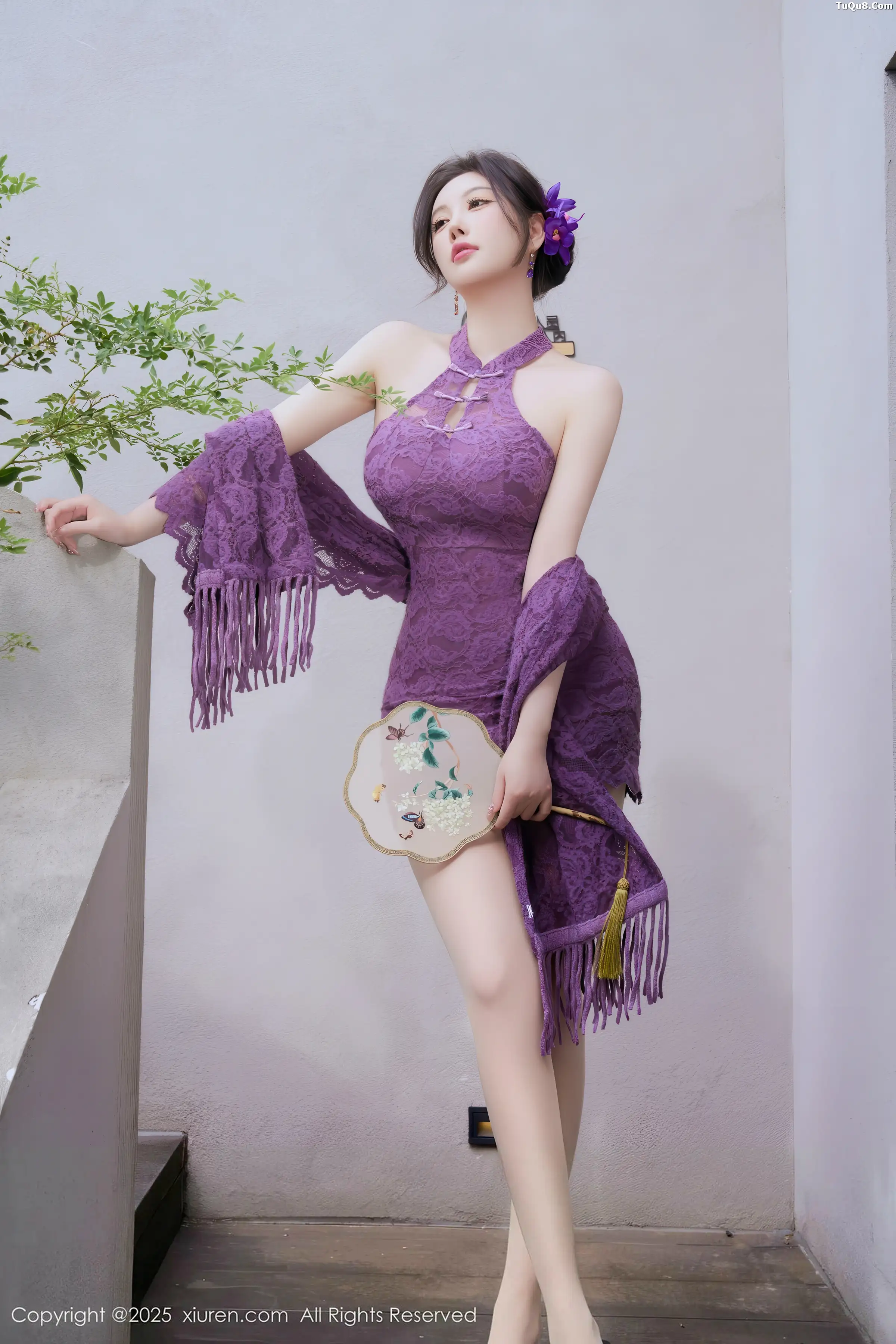 Yang Chenchen sexy purple one-piece mini skirt with ultra-thin sheer fabric showcasing a full figure, perfect beauty photo set 70P 2