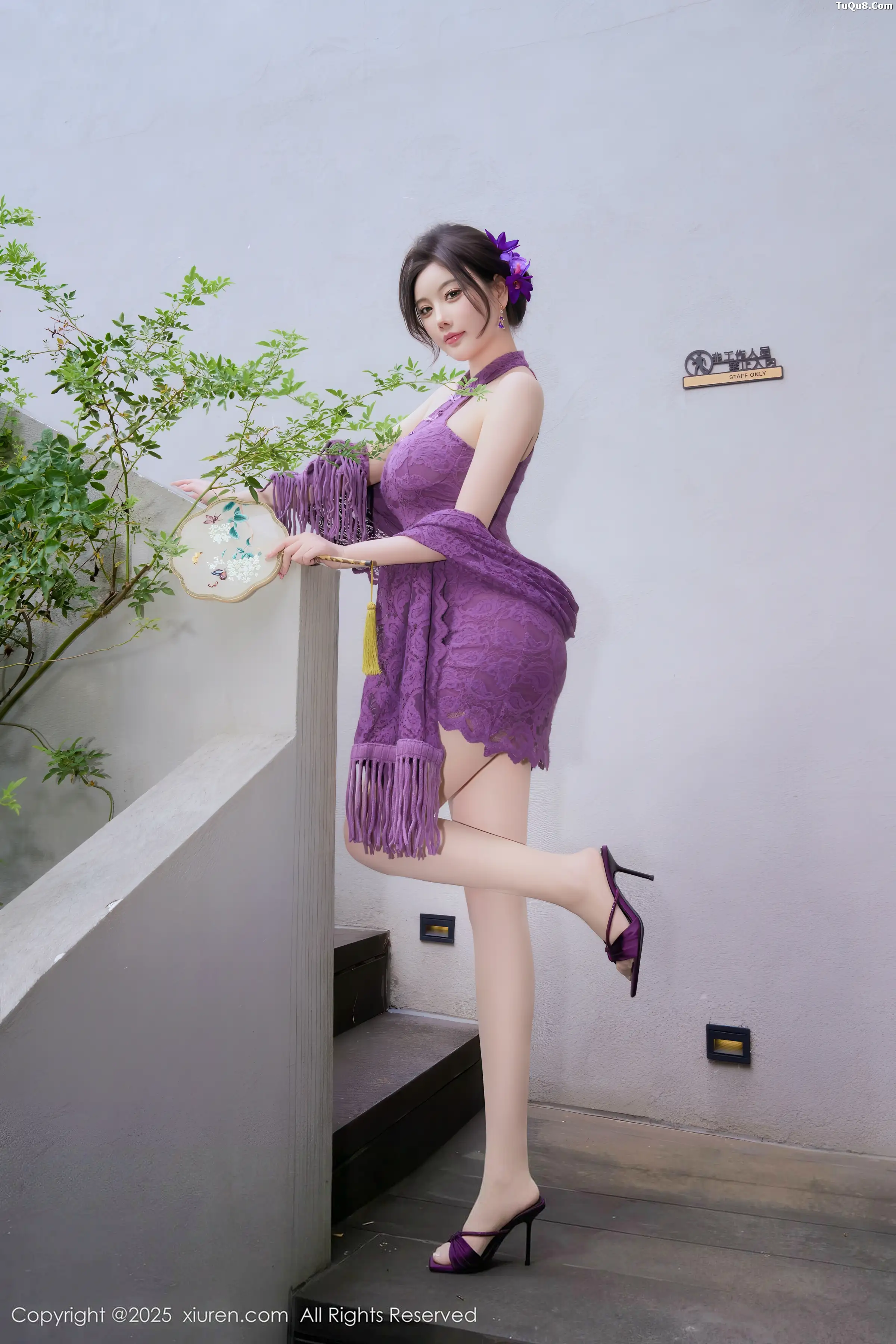 Yang Chenchen sexy purple one-piece mini skirt with ultra-thin sheer fabric showcasing a full figure, perfect beauty photo set 70P 3