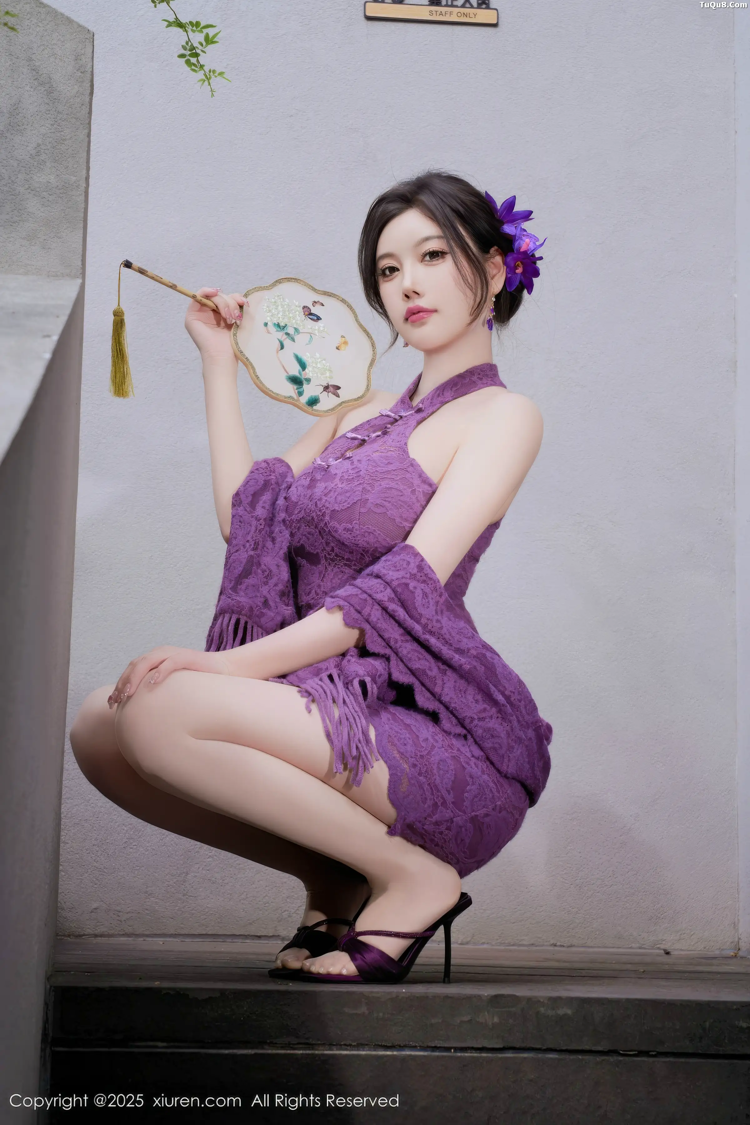 Yang Chenchen sexy purple one-piece mini skirt with ultra-thin sheer fabric showcasing a full figure, perfect beauty photo set 70P 5