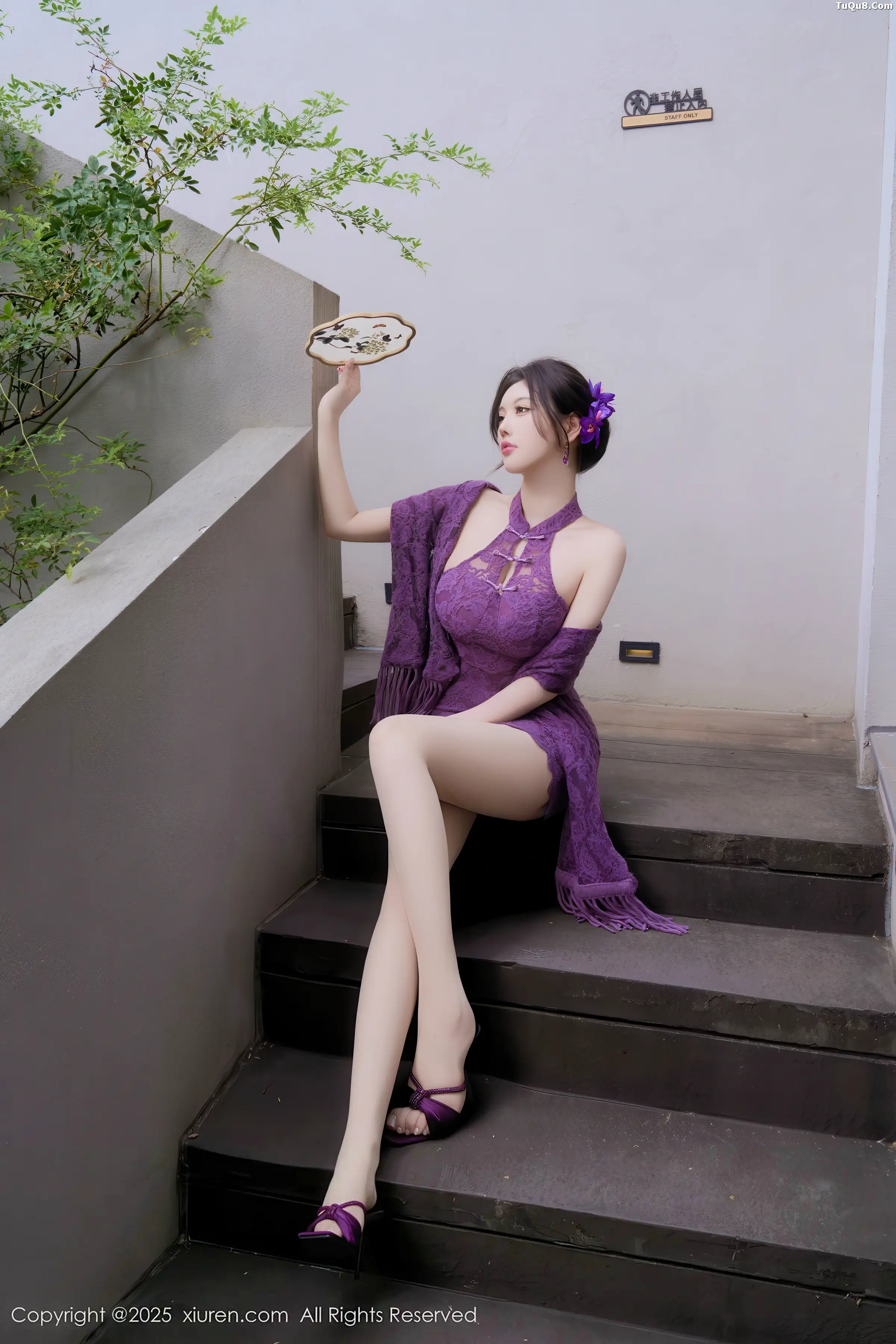 Yang Chenchen sexy purple one-piece mini skirt with ultra-thin sheer fabric showcasing a full figure, perfect beauty photo set 70P 6