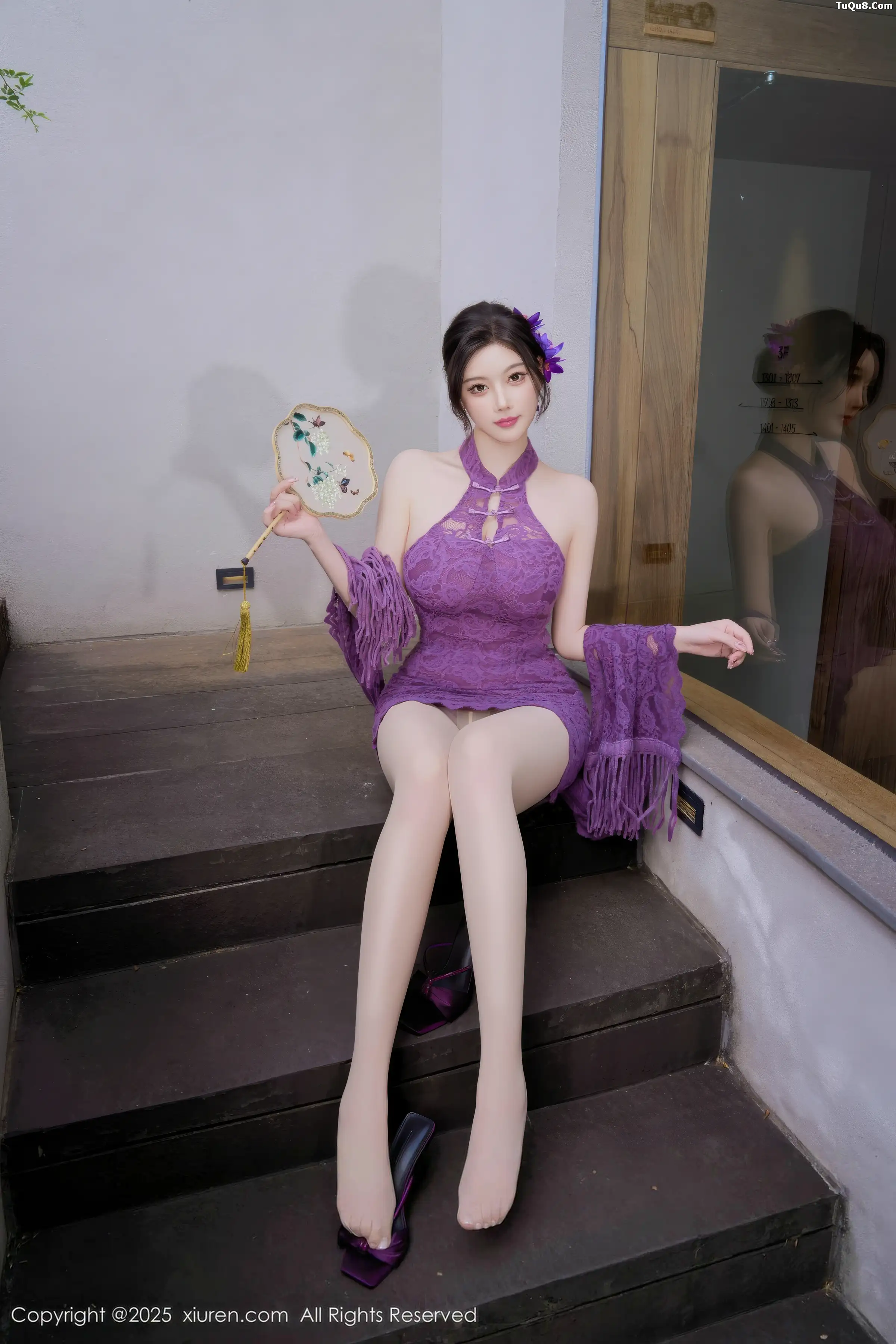 Yang Chenchen sexy purple one-piece mini skirt with ultra-thin sheer fabric showcasing a full figure, perfect beauty photo set 70P 7