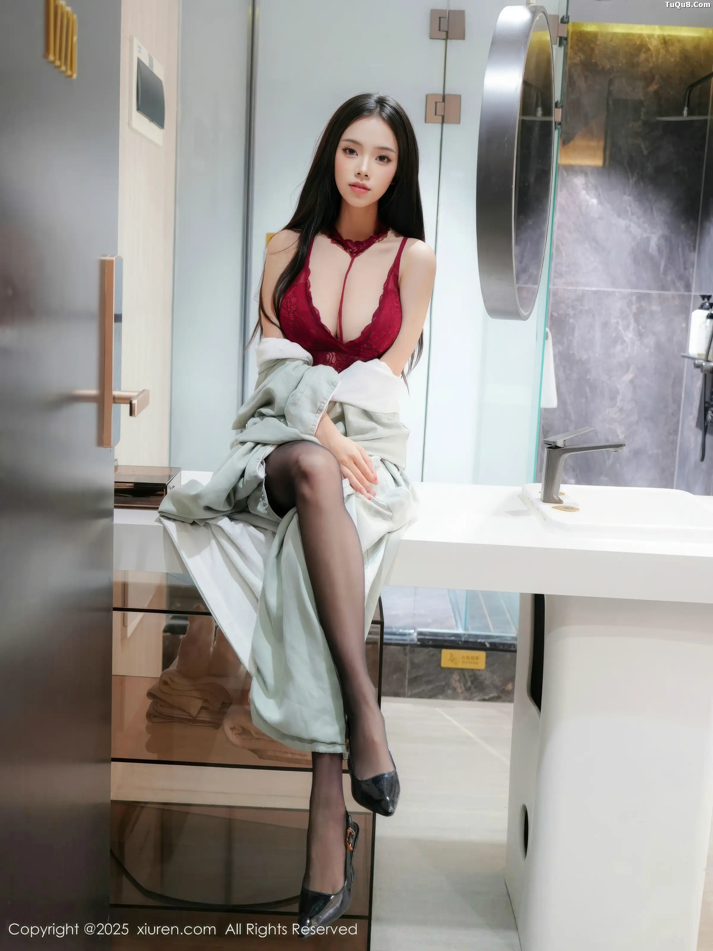 Cute Private Sexy Red Lingerie with Ultra-Thin Black Stockings Showcasing Slender Figure, Absolutely Beautiful Photos 68P