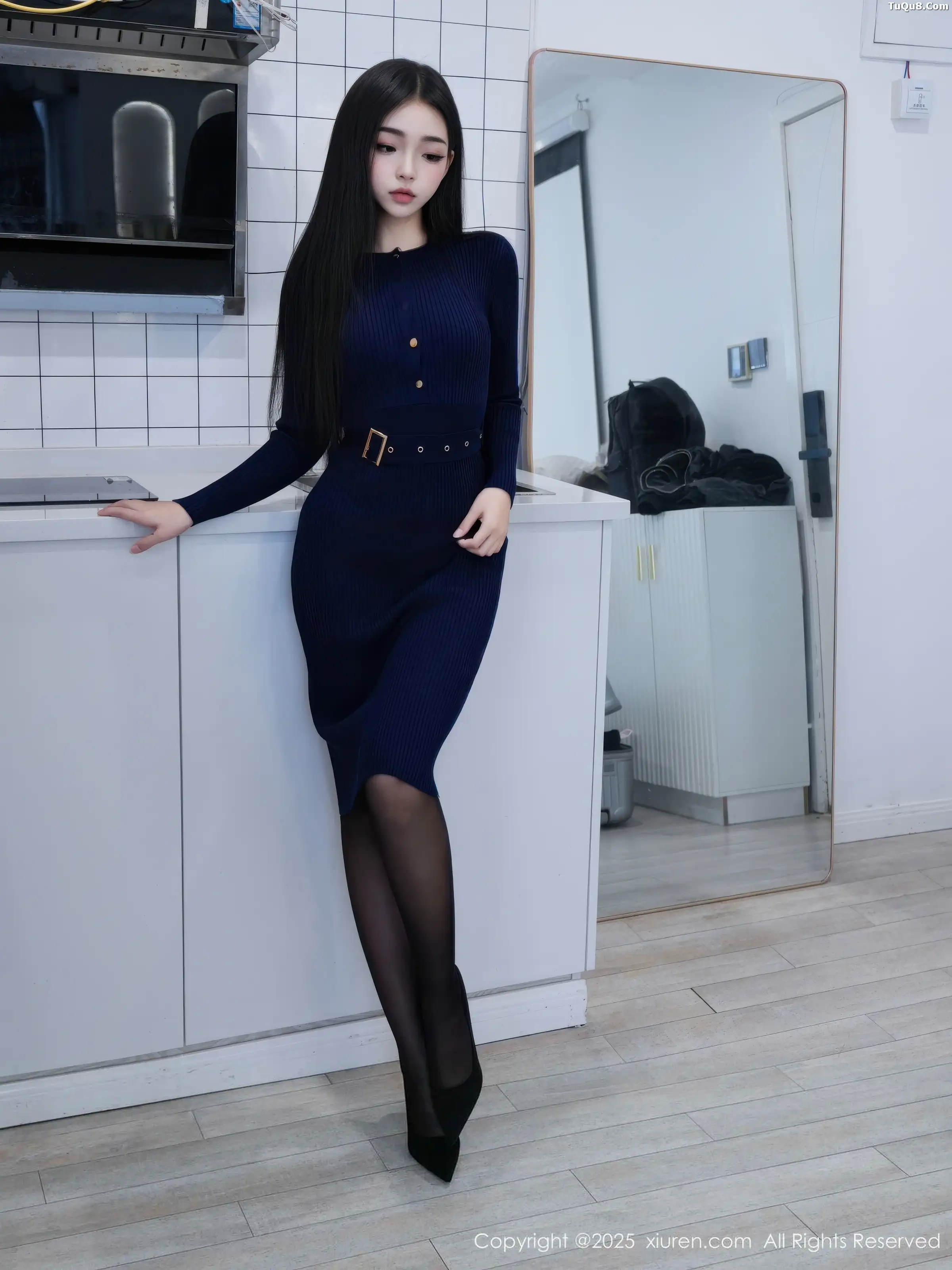 Yu Ji No Regrets Sexy Blue One-Piece Short Skirt with Black Stockings and Garters Showcasing Graceful Figure Gorgeous Photoshoot 62P 2