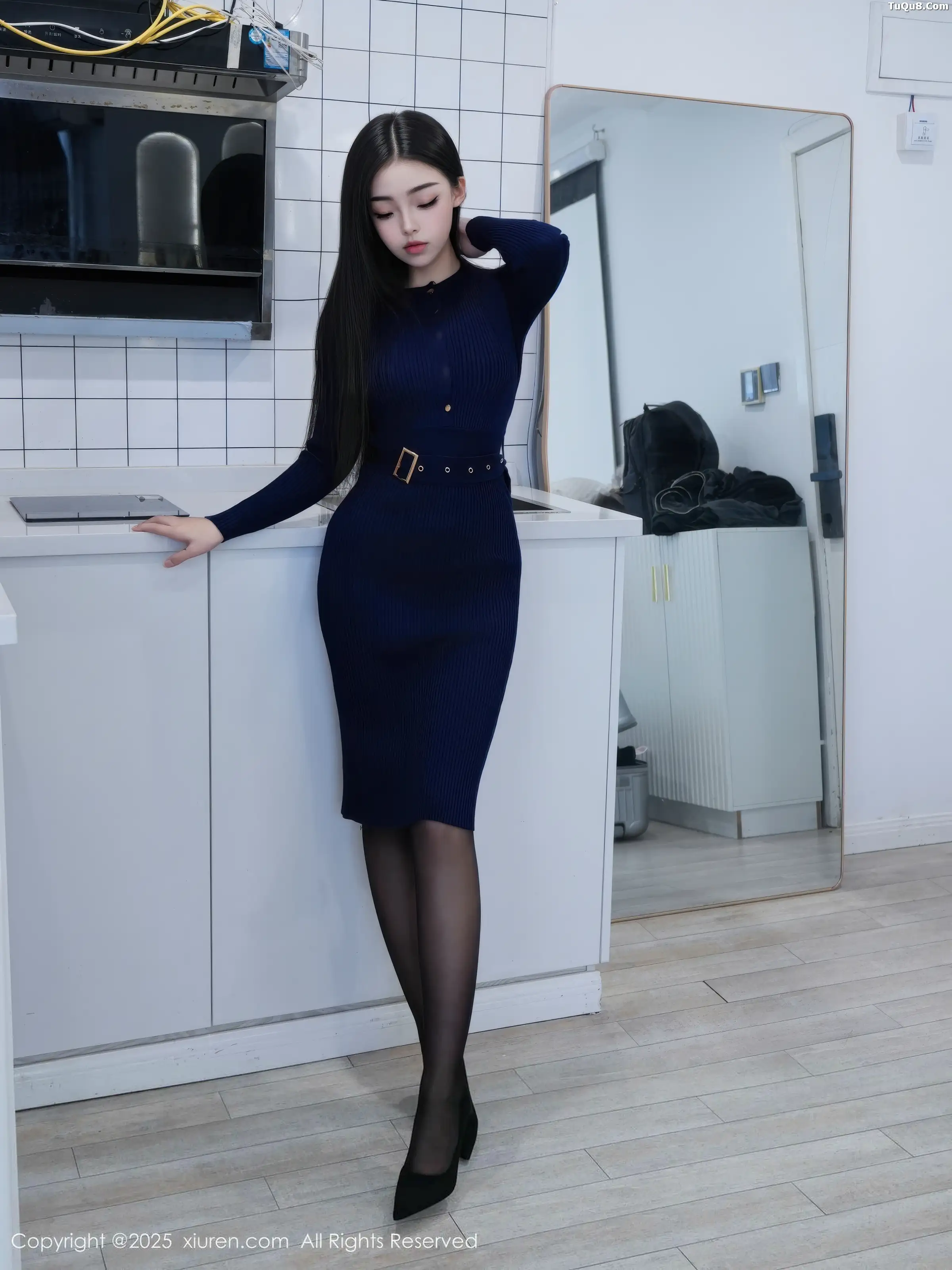 Yu Ji No Regrets Sexy Blue One-Piece Short Skirt with Black Stockings and Garters Showcasing Graceful Figure Gorgeous Photoshoot 62P 3