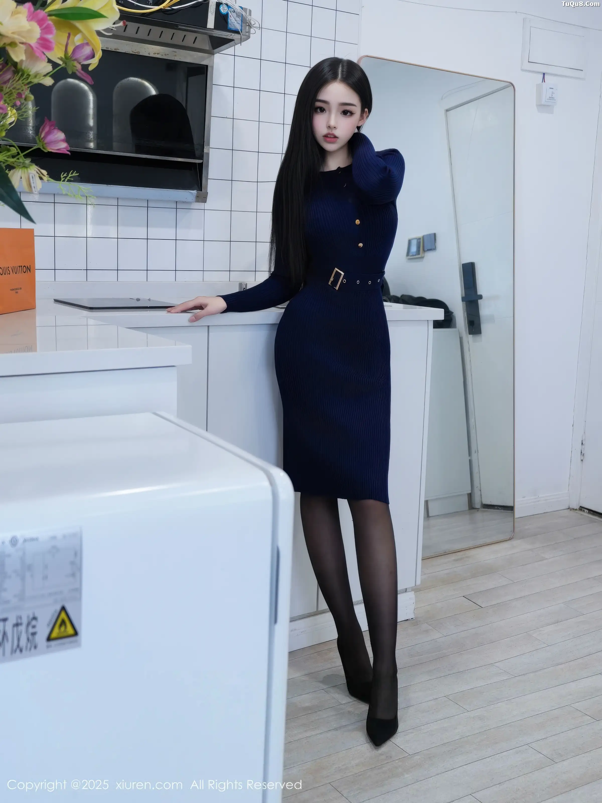 Yu Ji No Regrets Sexy Blue One-Piece Short Skirt with Black Stockings and Garters Showcasing Graceful Figure Gorgeous Photoshoot 62P 4