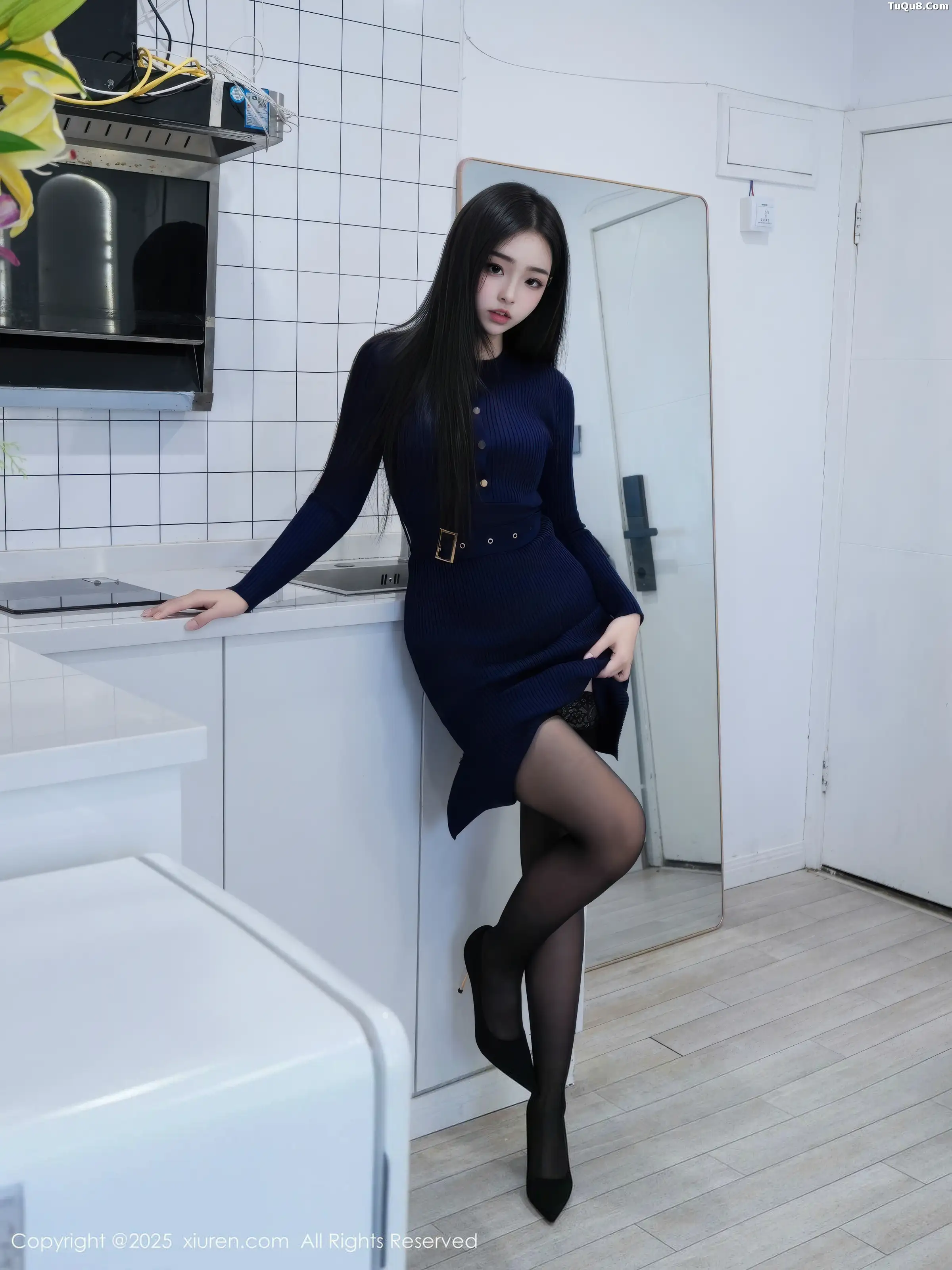 Yu Ji No Regrets Sexy Blue One-Piece Short Skirt with Black Stockings and Garters Showcasing Graceful Figure Gorgeous Photoshoot 62P 8