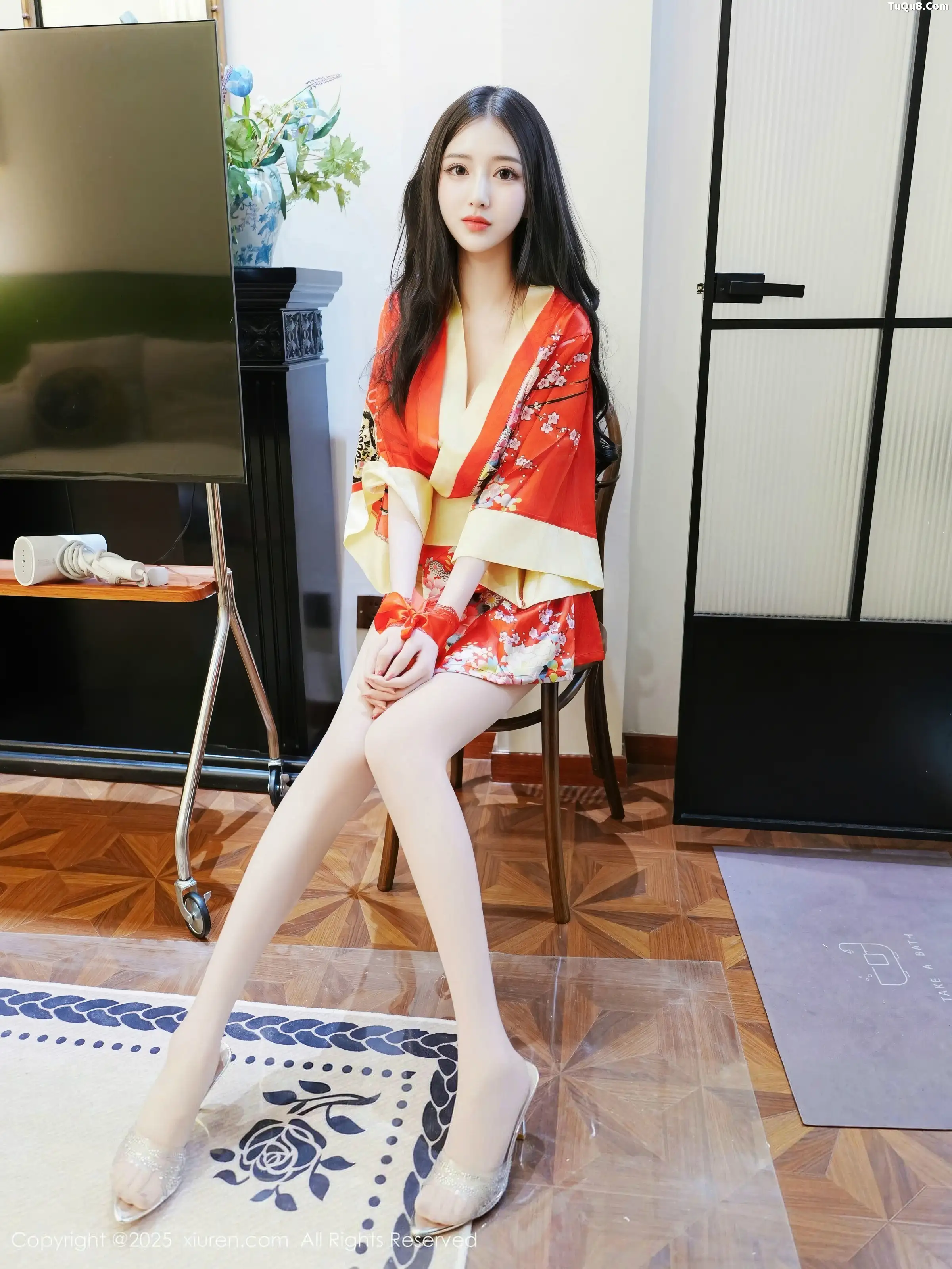 Bai Xiaodie's Sexy Red Mini Dress with Sheer White Stockings: Stunning Curve Photoshoot 59P